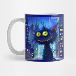 Coffee Drinking Blue Cat Stays Up All Night in the City Mug